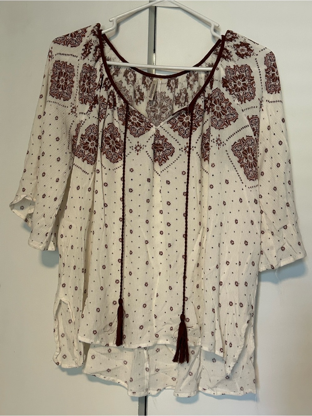 Mittoshop Boho Floral Tie-Front Blouse - Cream with Burgundy Accents- M/L